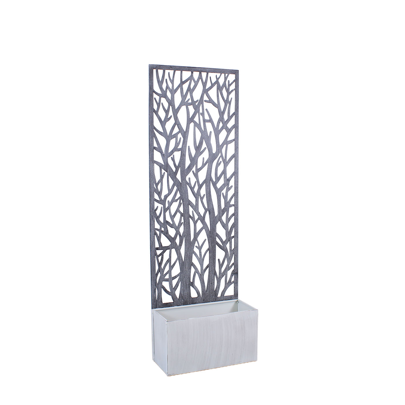 16-NQ3008 Fioriera in metallo grigio anticato con spalliera decorativa 62X28H195 cm