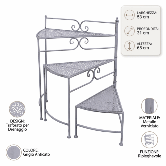 Scaletta portapiante in metallo grigio anticato 3 piani ripieghevole 53X31H65 cm - immagine 4