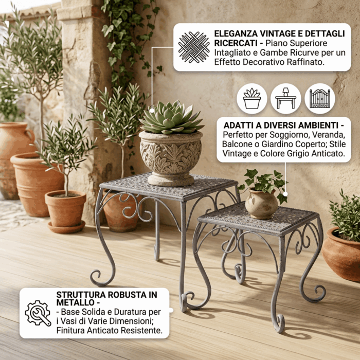 Portavaso in set di 2 quadrati in metallo grigio anticato 25X25H26 - immagine 3