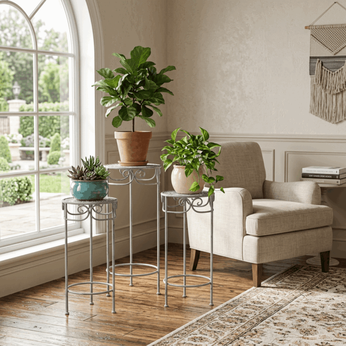 Portavaso in metallo grigio anticato set da 3 supporti Ø32H70 cm - immagine 5