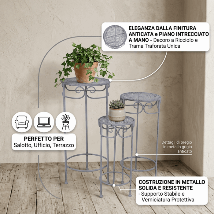 Portavaso in metallo grigio anticato set da 3 supporti Ø32H70 cm - immagine 3