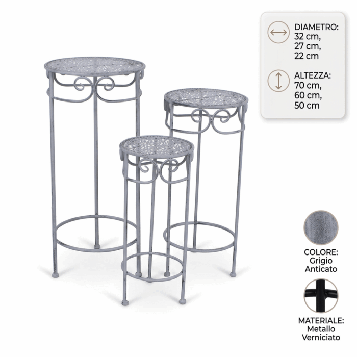 Portavaso in metallo grigio anticato set da 3 supporti Ø32H70 cm - immagine 4
