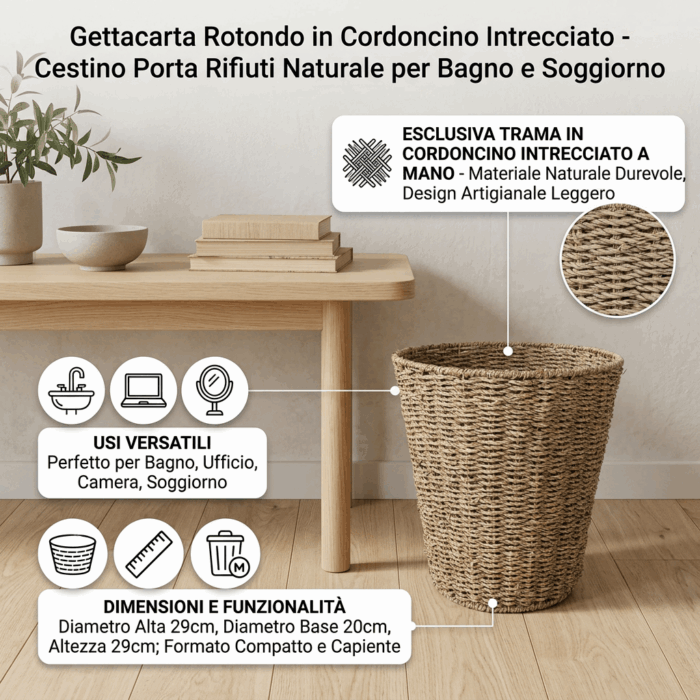 Gettacarta rotondo in cordoncino intrecciato Ø29/20H20 cm - immagine 3