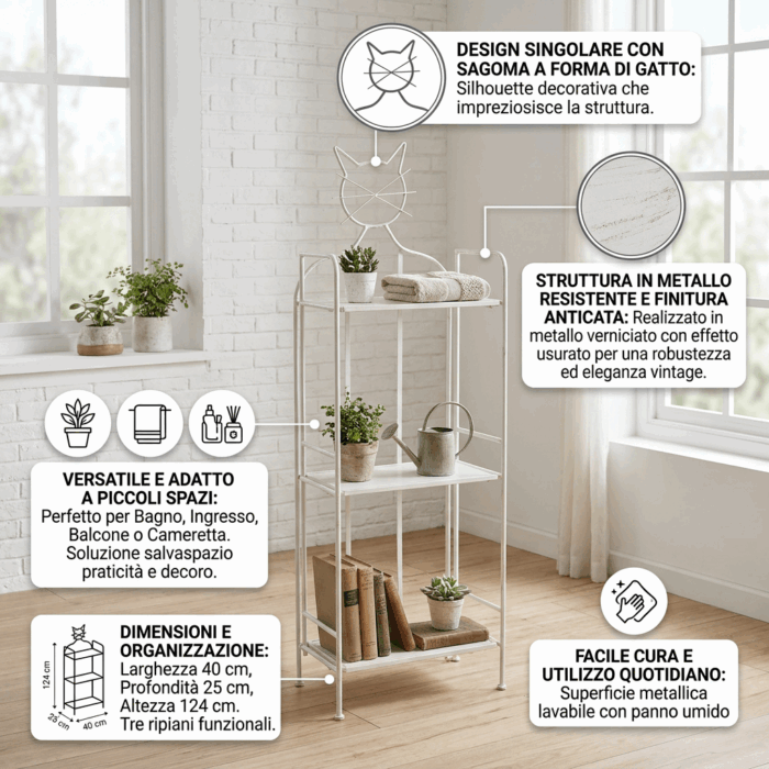 Etagere gatto in metallo bianco anticato 3 ripiani 40x25x124 cm - immagine 3
