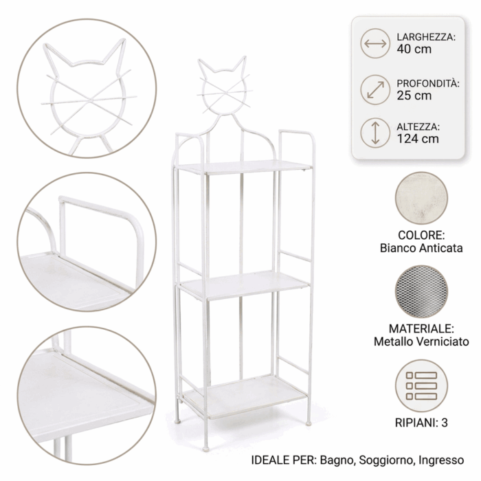 Etagere gatto in metallo bianco anticato 3 ripiani 40x25x124 cm - immagine 4
