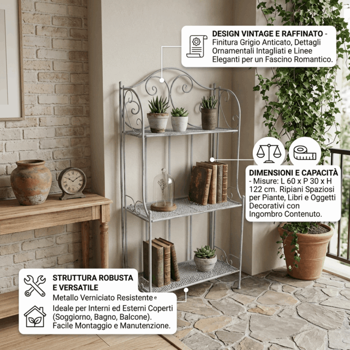 Etagere in metallo grigio anticato a 3 ripiani 60X30H122 cm - immagine 3