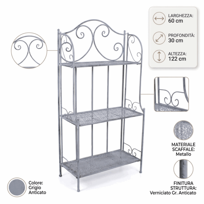 Etagere in metallo grigio anticato a 3 ripiani 60X30H122 cm - immagine 4