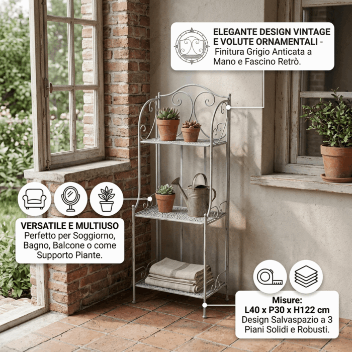Etagere in Metallo Grigio Anticato a 3 Piani 40X30H122 cm - immagine 3