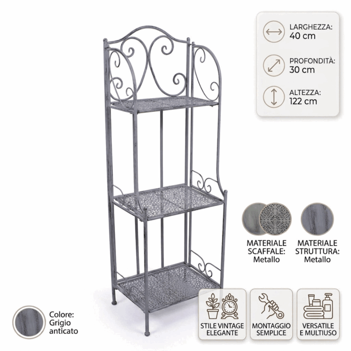 Etagere in Metallo Grigio Anticato a 3 Piani 40X30H122 cm - immagine 4