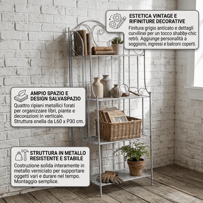 Etagere in Metallo Grigio Anticato 4 Ripiani 60X30H161 cm - immagine 3