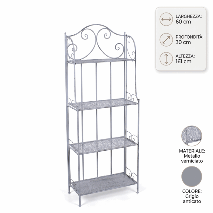 Etagere in Metallo Grigio Anticato 4 Ripiani 60X30H161 cm - immagine 4
