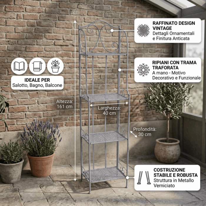 Etagere in Metallo Grigio Anticato a 4 Ripiani 40X30H161 cm - immagine 3
