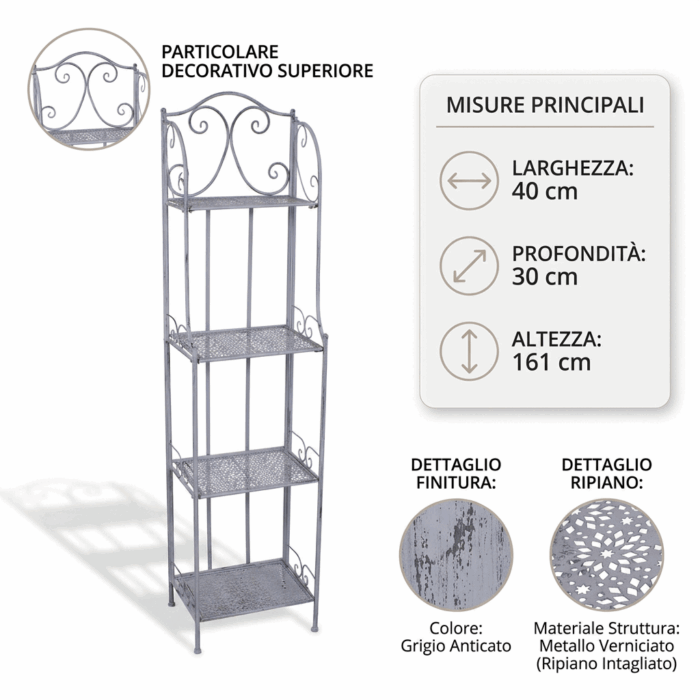 Etagere in Metallo Grigio Anticato a 4 Ripiani 40X30H161 cm - immagine 4