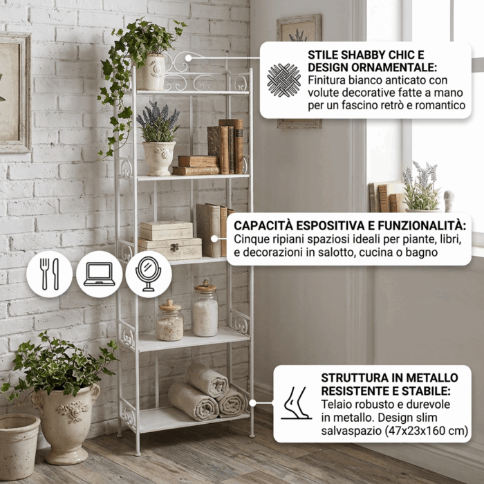 Etagere in metallo bianco anticato a 5 ripiani 47x23x160 cm - immagine 3