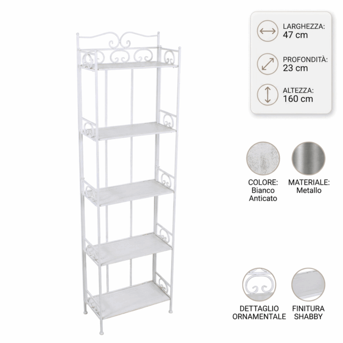 Etagere in metallo bianco anticato a 5 ripiani 47x23x160 cm - immagine 4
