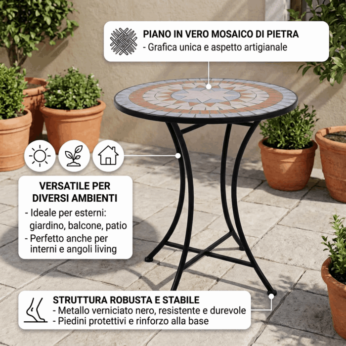 Tavolino rotondo "Mosaico" con piano in mosaico di pietra Ø 60H71 cm - immagine 3