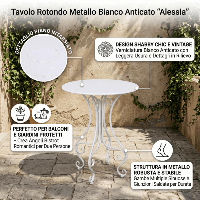 Tavolo rotondo in metallo bianco anticato "Alessia" Ø 61H76 cm - immagine 3