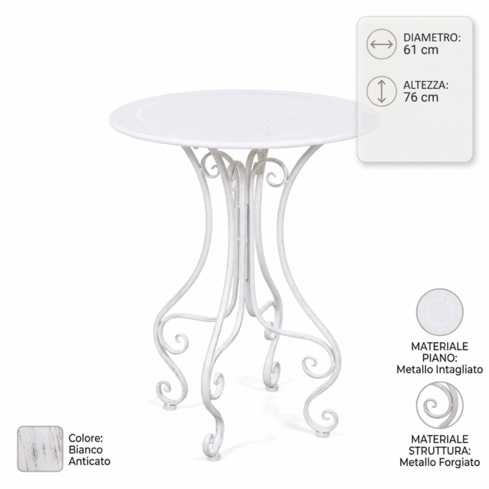 Tavolo rotondo in metallo bianco anticato "Alessia" Ø 61H76 cm - immagine 4