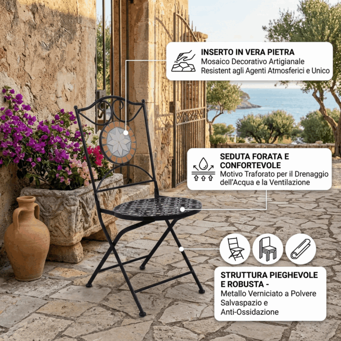 Sedia pieghevole in metallo nero "Mosaico" sedia da giardino e balcone stile bistrot 39x39xH91 cm - immagine 3