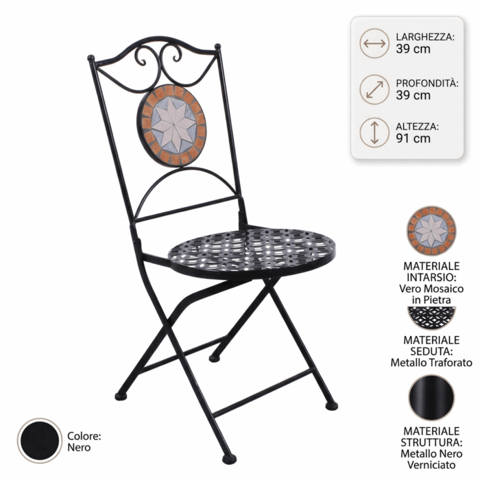 Sedia pieghevole in metallo nero "Mosaico" sedia da giardino e balcone stile bistrot 39x39xH91 cm - immagine 4
