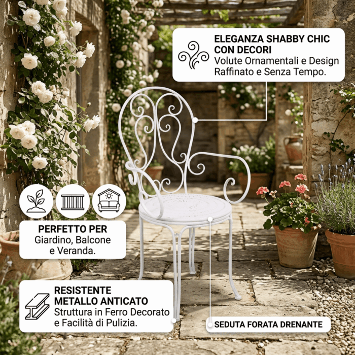 Poltrona metallo bianco anticato "Alessia" con braccioli 51X50h97 cm - immagine 3