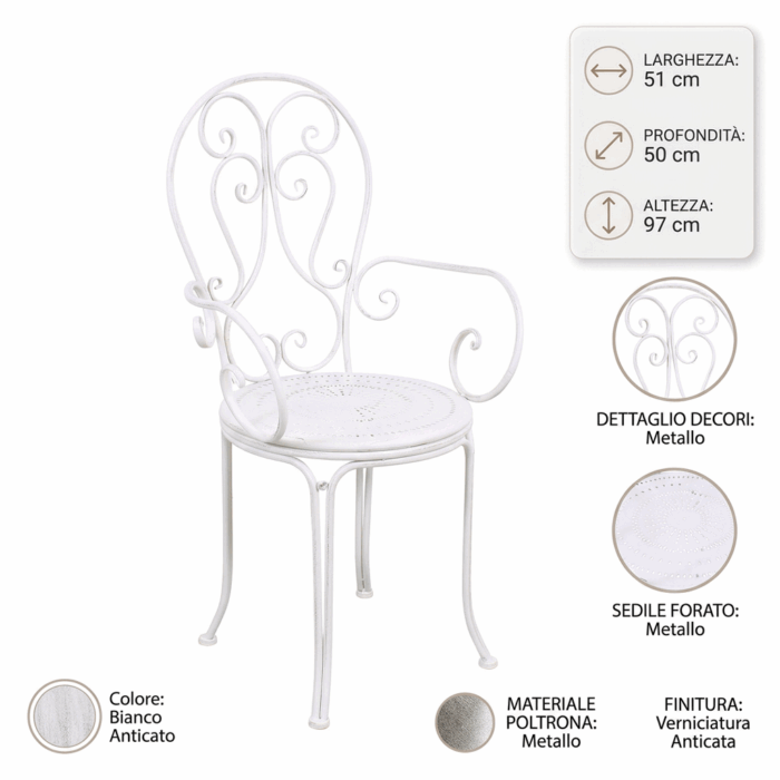 Poltrona metallo bianco anticato "Alessia" con braccioli 51X50h97 cm - immagine 4