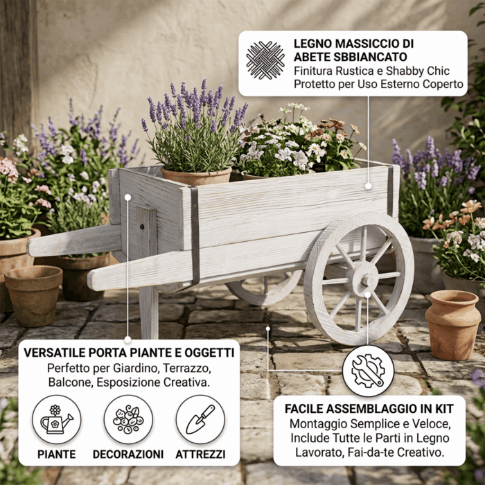 Carretto decorativo in abete sbiancato 80x44H39 cm - immagine 3