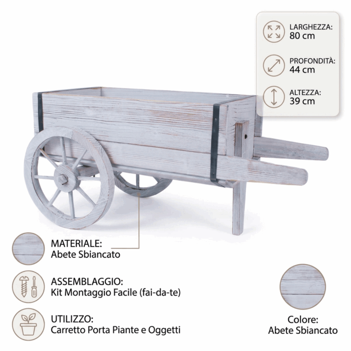 Carretto decorativo in abete sbiancato 80x44H39 cm - immagine 4