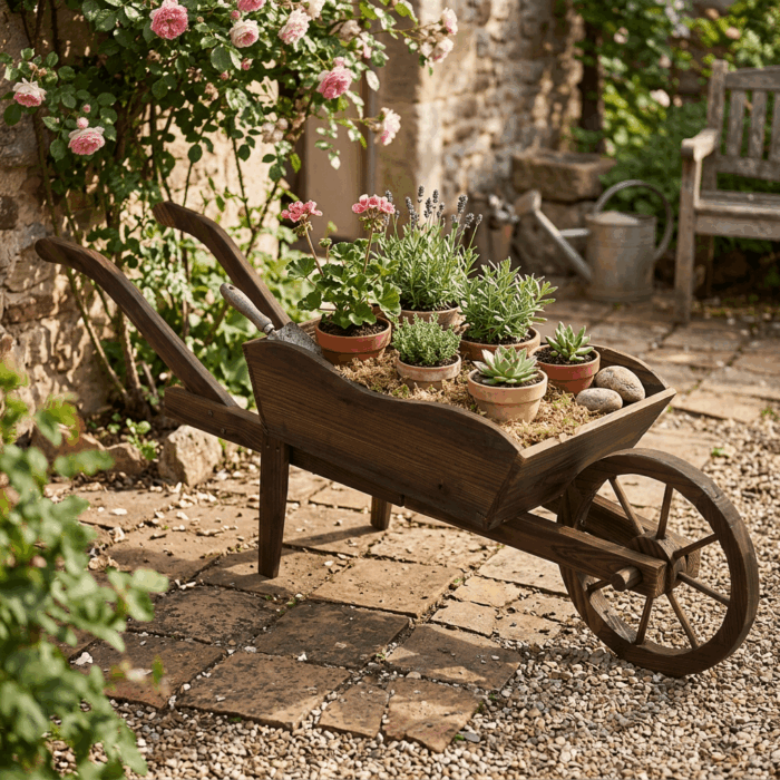 Carriola decorativa in abete brunito 120x32xH45 cm - immagine 2