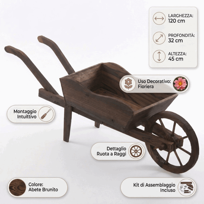 Carriola decorativa in abete brunito 120x32xH45 cm - immagine 4