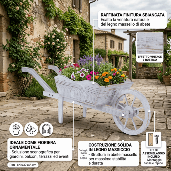 Carriola decorativa in abete sbiancata 120x32xH45 cm - immagine 3