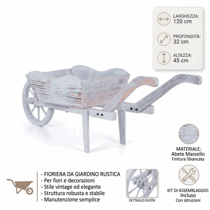 Carriola decorativa in abete sbiancata 120x32xH45 cm - immagine 4