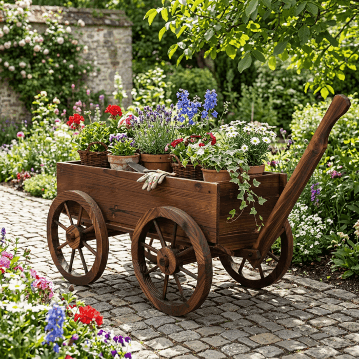 Carretto decorativo in abete brunito 117x42H38 cm - immagine 5
