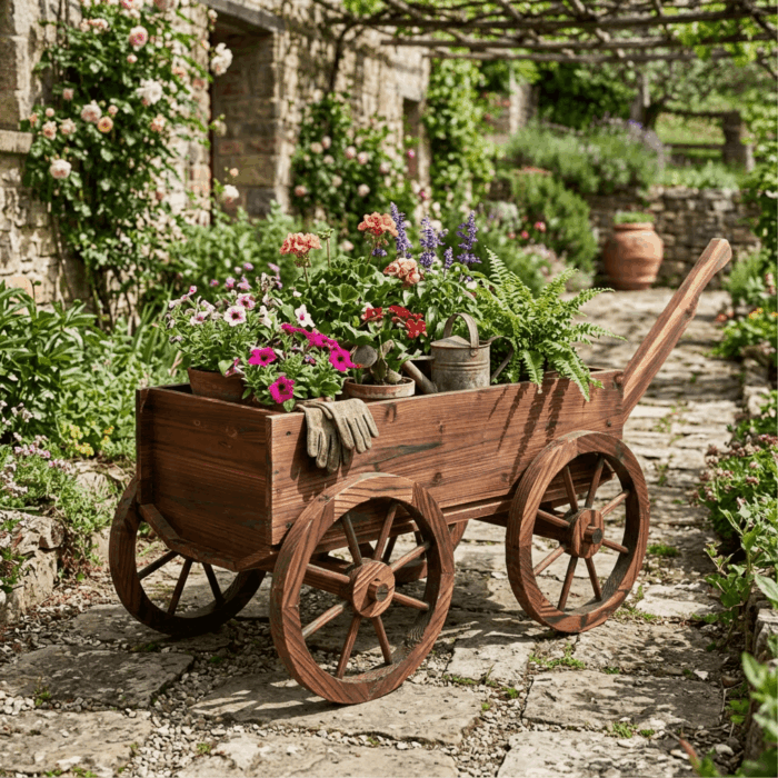 Carretto decorativo in abete brunito 117x42H38 cm - immagine 2