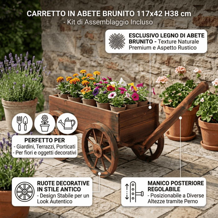 Carretto decorativo in abete brunito 117x42H38 cm - immagine 3