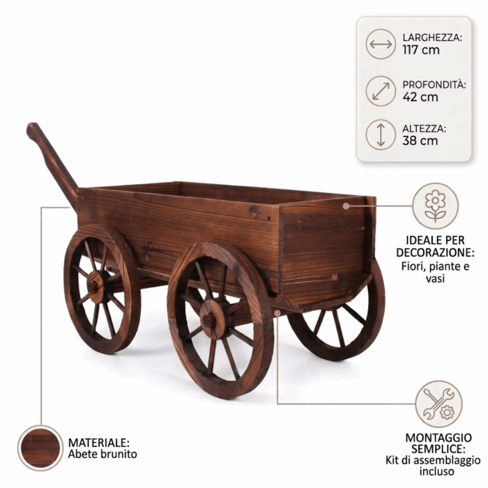 Carretto decorativo in abete brunito 117x42H38 cm - immagine 4