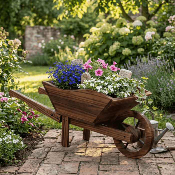 Carriola Decorativa in Legno di Abete Marrone Scuro Brunito 82x32xH33 cm - immagine 5
