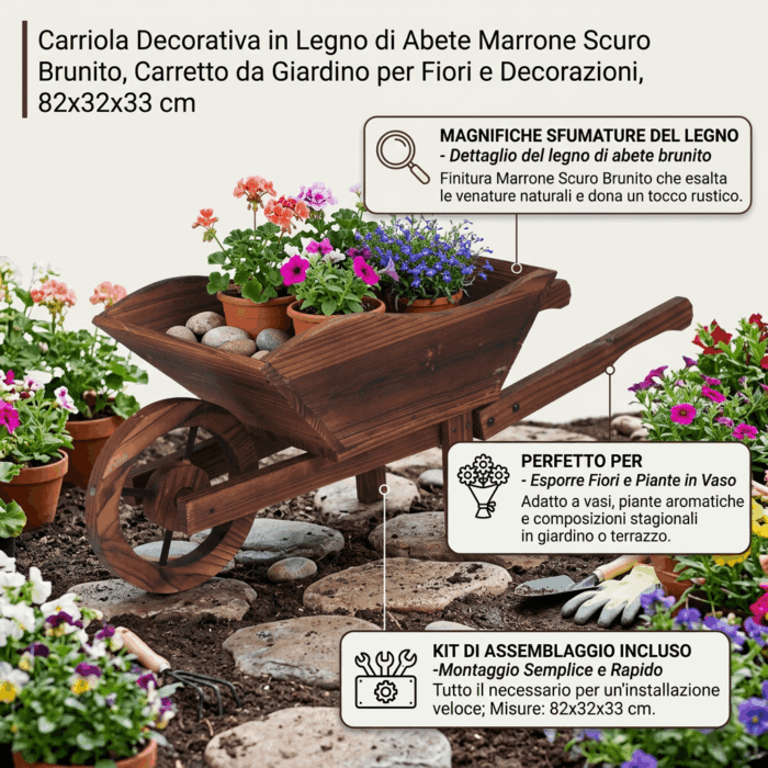 Carriola Decorativa in Legno di Abete Marrone Scuro Brunito 82x32xH33 cm - immagine 3