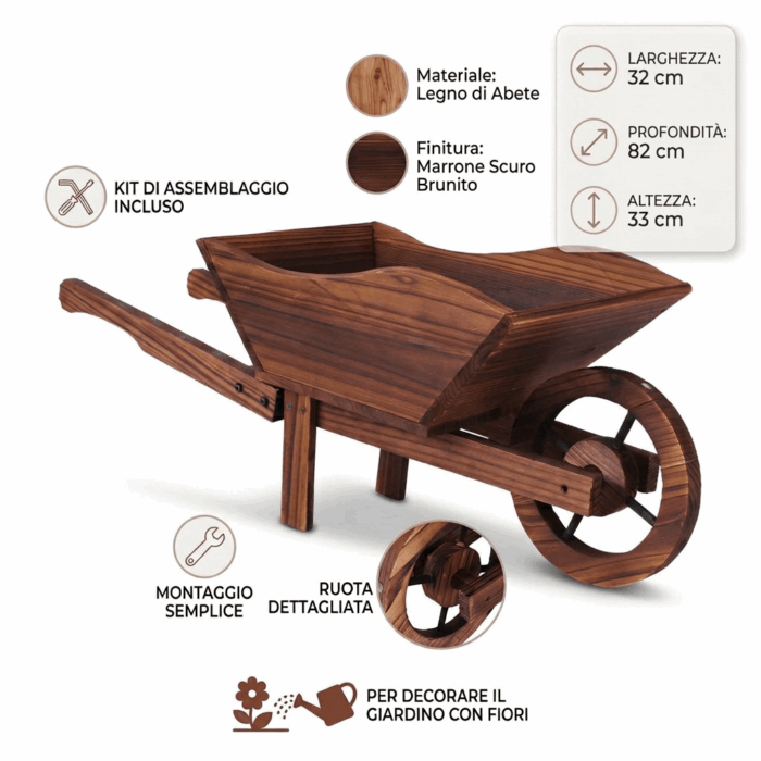 Carriola Decorativa in Legno di Abete Marrone Scuro Brunito 82x32xH33 cm - immagine 4