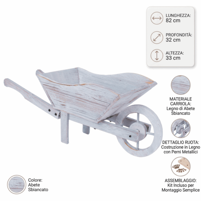 Carriola decorativa in legno di abete sbiancata 82x32xH33 cm - immagine 4