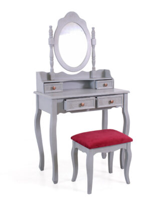 Toeletta trucco Giulia in MDF e legno di pino grigio con specchio ovale e sgabello inclusi 75x40xH142 cm
