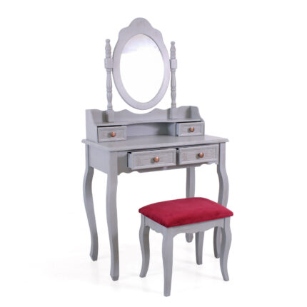 Toeletta trucco Giulia in MDF e legno di pino grigio con specchio ovale e sgabello inclusi 75x40xH142 cm