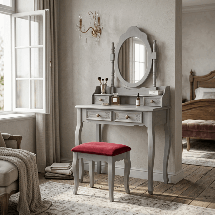 Toeletta trucco Giulia in MDF e legno di pino grigio con specchio ovale e sgabello inclusi 75x40xH142 cm - immagine 2