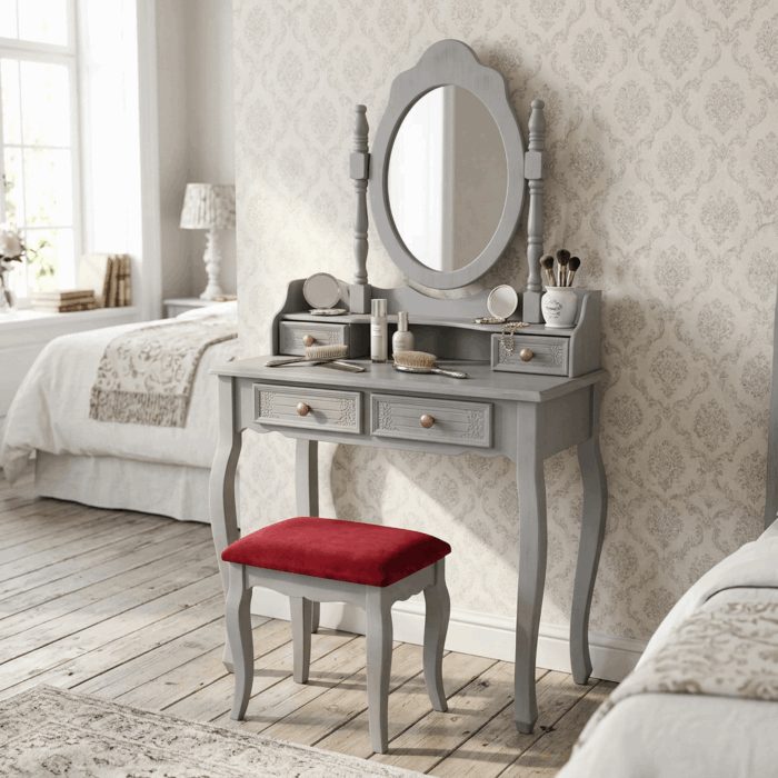 Toeletta trucco Giulia in MDF e legno di pino grigio con specchio ovale e sgabello inclusi 75x40xH142 cm - immagine 5