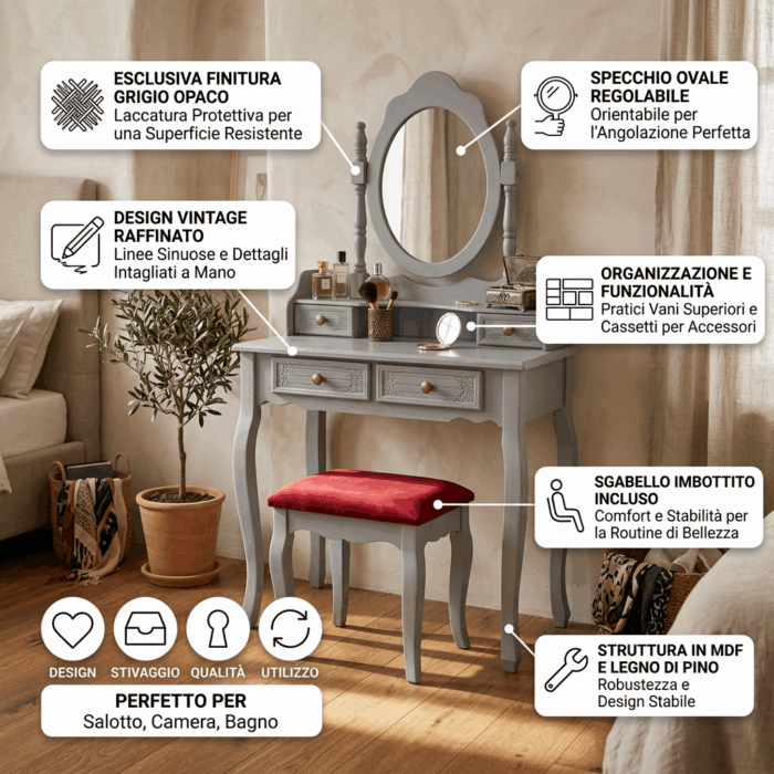 Toeletta trucco Giulia in MDF e legno di pino grigio con specchio ovale e sgabello inclusi 75x40xH142 cm - immagine 3