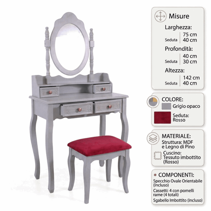 Toeletta trucco Giulia in MDF e legno di pino grigio con specchio ovale e sgabello inclusi 75x40xH142 cm - immagine 4