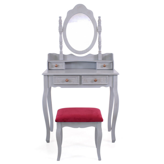 Toeletta trucco Giulia in MDF e legno di pino grigio con specchio ovale e sgabello inclusi 75x40xH142 cm - immagine 6