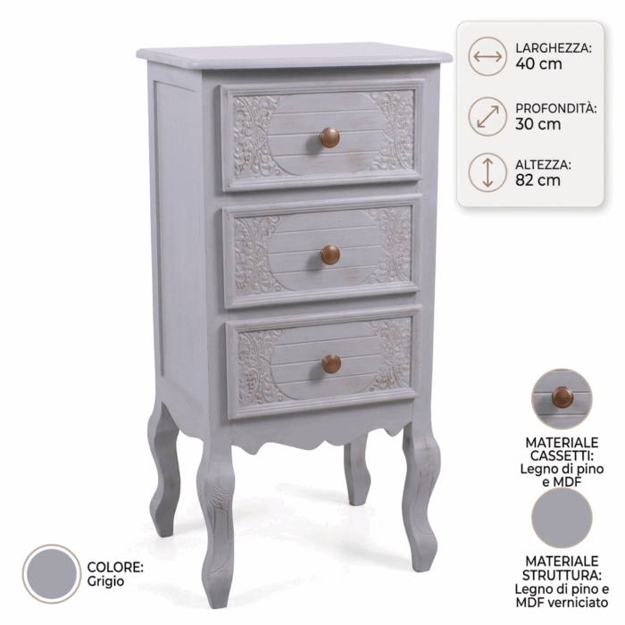 Cassettiera Giulia 3 cassetti in MDF e legno di pino grigio 40X30H82 cm - immagine 4