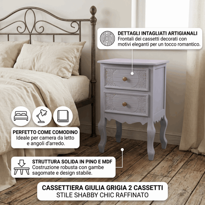 Cassettiera Giulia 2 cassetti in MDF e legno di pino grigio 40X30H64 cm - immagine 3