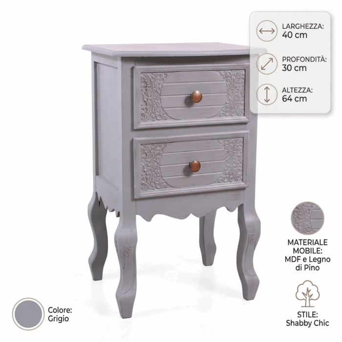 Cassettiera Giulia 2 cassetti in MDF e legno di pino grigio 40X30H64 cm - immagine 4